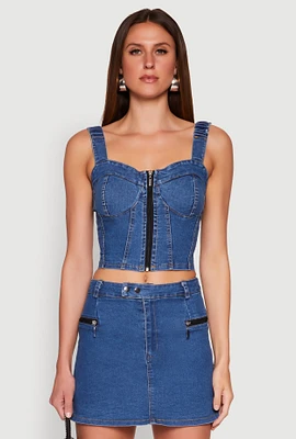 Womens Denim Zip Front Bustier Top, Blue,
