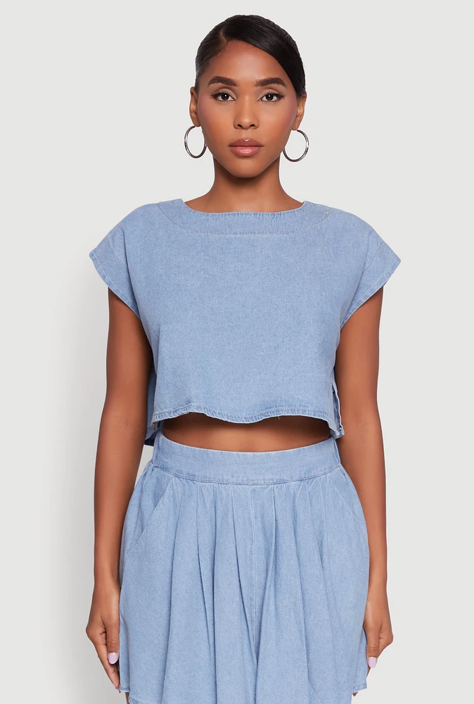 Womens Denim Side Slit Boxy Crop Top, Blue, Size XL