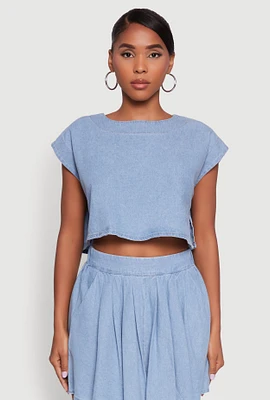 Womens Denim Side Slit Boxy Crop Top, Blue, Size XL