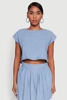 Womens Denim Side Slit Boxy Crop Top, Blue, Size XL