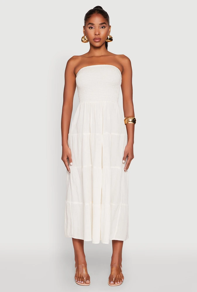 Womens Linen Strapless Smocked Tiered Dress, Beige, Size S