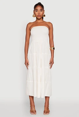 Womens Linen Strapless Smocked Tiered Dress, Beige, Size S