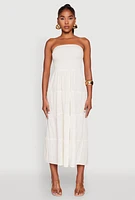 Womens Linen Strapless Smocked Tiered Dress, Beige, Size S