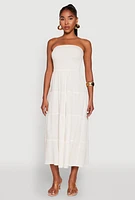 Womens Linen Strapless Smocked Tiered Dress, Beige, Size S