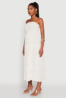 Womens Linen Strapless Smocked Tiered Dress, Beige, Size S