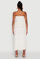 Womens Linen Strapless Smocked Tiered Dress, Beige, Size S