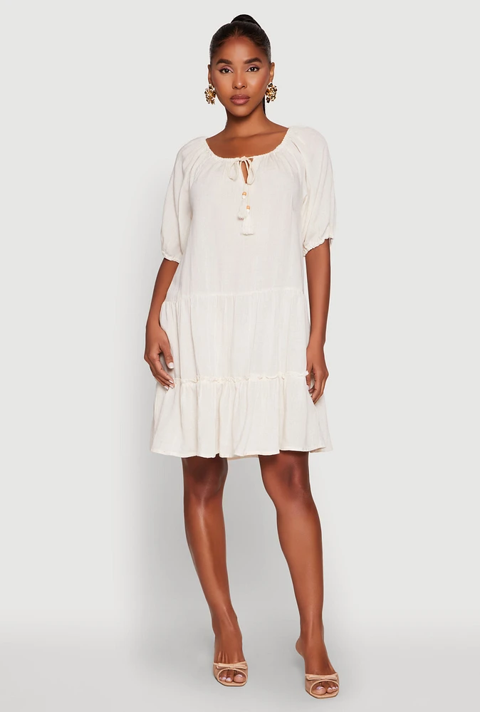 Womens Tassel Tie Front Tiered Peasant Dress, Beige, Size S