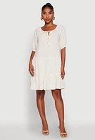 Womens Tassel Tie Front Tiered Peasant Dress, Beige, Size S