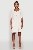 Womens Tassel Tie Front Tiered Peasant Dress, Beige, Size S