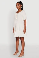 Womens Tassel Tie Front Tiered Peasant Dress, Beige, Size S