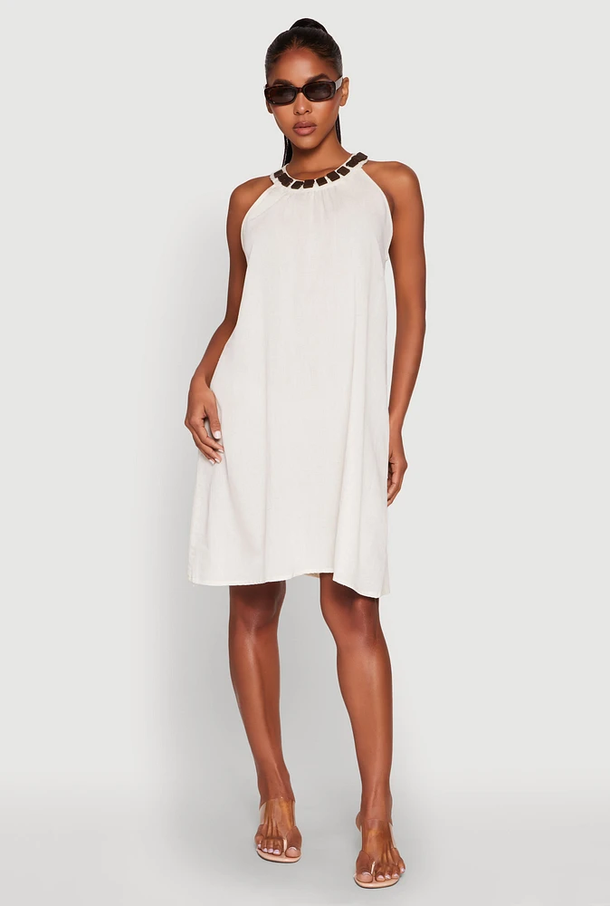 Womens Wood Trim Detail Linen Shift Dress, Beige,