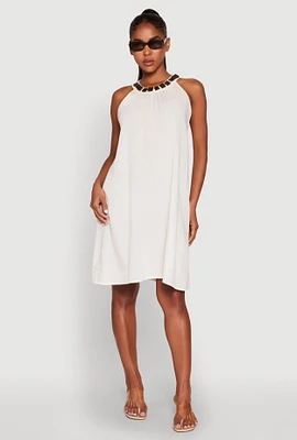 Womens Wood Trim Detail Linen Shift Dress, Beige,