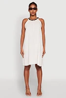 Womens Wood Trim Detail Linen Shift Dress, Beige,