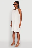 Womens Wood Trim Detail Linen Shift Dress, Beige,