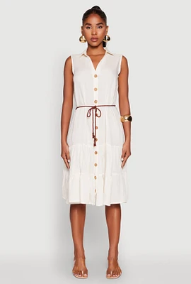 Womens Linen Button Front Tiered Shirt Dress, Beige, Size L