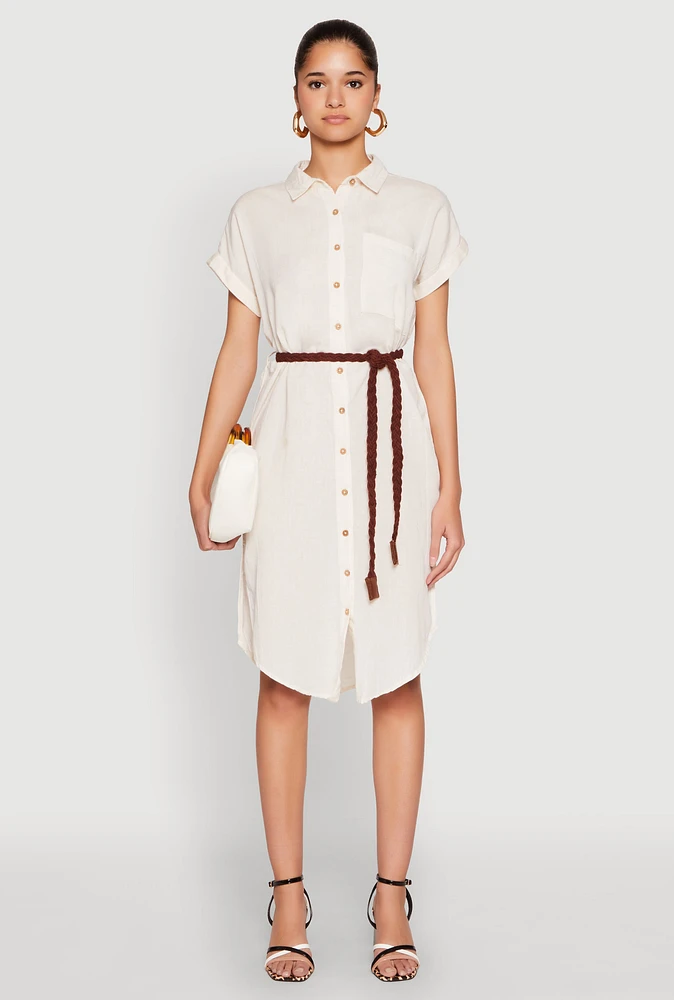 Womens Linen Cap Sleeve Button Front Shirt Dress, Beige, Size M
