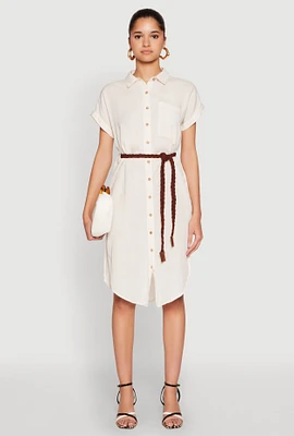 Womens Linen Cap Sleeve Button Front Shirt Dress, Beige, Size M