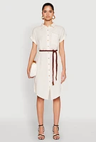 Womens Linen Cap Sleeve Button Front Shirt Dress, Beige, Size M