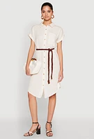 Womens Linen Cap Sleeve Button Front Shirt Dress, Beige, Size M
