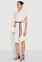 Womens Linen Cap Sleeve Button Front Shirt Dress, Beige, Size M
