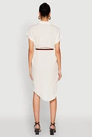 Womens Linen Cap Sleeve Button Front Shirt Dress, Beige, Size M