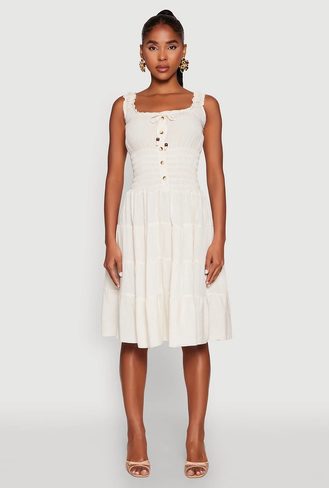 Womens Linen Faux Button Smocked Tiered Dress, Beige, Size M