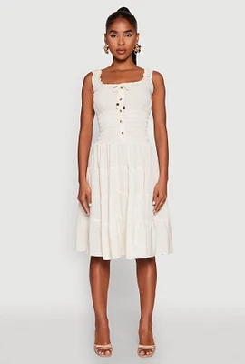 Womens Linen Faux Button Smocked Tiered Dress, Beige, Size M