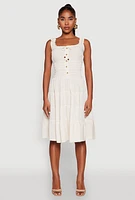 Womens Linen Faux Button Smocked Tiered Dress, Beige, Size M