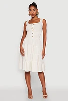 Womens Linen Faux Button Smocked Tiered Dress, Beige, Size M