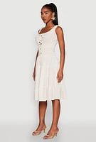 Womens Linen Faux Button Smocked Tiered Dress, Beige, Size M