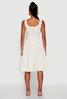 Womens Linen Faux Button Smocked Tiered Dress, Beige, Size M
