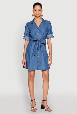 Womens Chambray Tie Waist Belted Shirt Dress, Blue, Size L