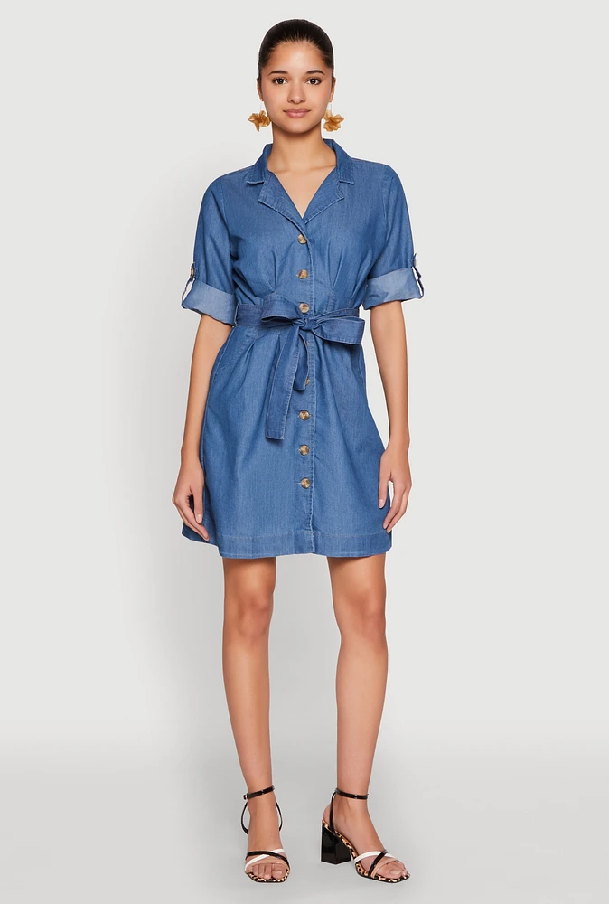 Womens Chambray Tie Waist Belted Shirt Dress, Blue, Size S
