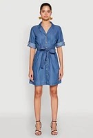 Womens Chambray Tie Waist Belted Shirt Dress, Blue, Size L