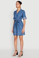 Womens Chambray Tie Waist Belted Shirt Dress, Blue, Size L