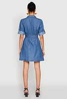 Womens Chambray Tie Waist Belted Shirt Dress, Blue, Size L