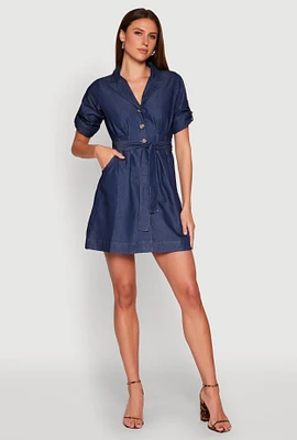 Womens Chambray Tie Waist Belted Shirt Dress, Blue, Size S