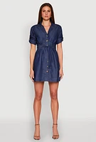 Womens Chambray Tie Waist Belted Shirt Dress, Blue, Size S