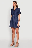 Womens Chambray Tie Waist Belted Shirt Dress, Blue,