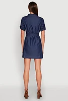 Womens Chambray Tie Waist Belted Shirt Dress, Blue, Size S