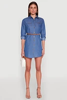 Womens Chambray Tabbed Sleeve Belted Dress, Blue, Size M