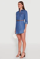 Womens Chambray Tabbed Sleeve Belted Dress, Blue, Size M