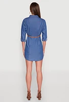 Womens Chambray Tabbed Sleeve Belted Dress, Blue, Size M