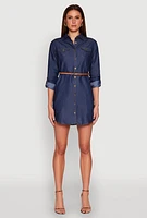 Womens Chambray Tabbed Sleeve Belted Dress, Blue, Size L