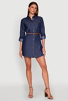 Womens Chambray Tabbed Sleeve Belted Dress, Blue, Size L