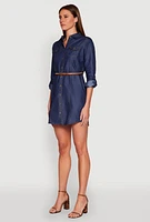 Womens Chambray Tabbed Sleeve Belted Dress, Blue, Size L