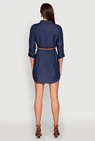 Womens Chambray Tabbed Sleeve Belted Dress, Blue, Size L