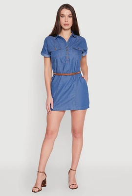 Womens Chambray Belted Half Button Mini Dress, Blue, Size S