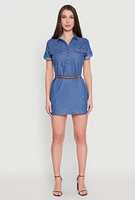 Womens Chambray Belted Half Button Mini Dress, Blue, Size S