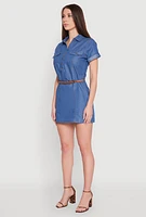 Womens Chambray Belted Half Button Mini Dress, Blue, Size S